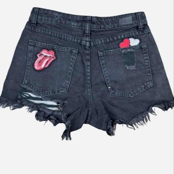GoGo Jeans USA Cut Off Denim Shorts Size 1 High Rise Black Distressed Patches - Picture 2 of 9